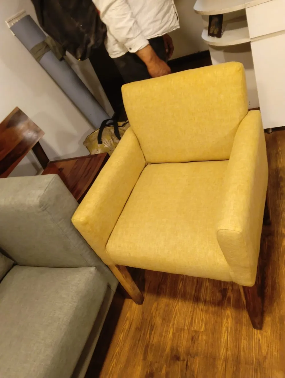 Finished reupholstered sofa in green fabric